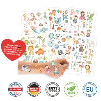 100 Kindertattoos gemischt mit Zirkus, Meerjungfrauen, Weltraum, Dinos, Tieren,..